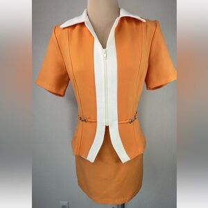 Vintage MOD Retro Orange Ivory Trim Horse Bit Accent Blazer Skirt Suit S M
